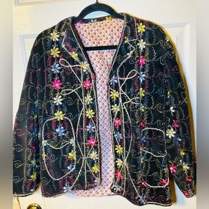 Vintage Embroidered Unique Velvet Jacket With‎ Floral Design, L